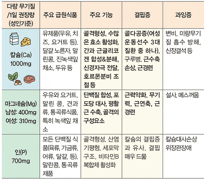 다량무기질 1일 권장량 및 주요급원. 표 제미나이 생성.