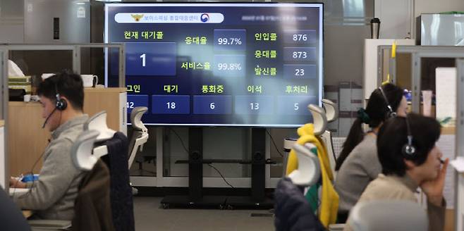 통합대응단 상담센터에 설치된 실시간 현황판. 응대율이 99.7%로 나타나 있다.(사진=이영훈 기자)