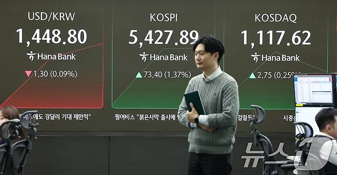 12일 서울 중구 하나은행 딜링룸 전광판에 코스피 등 시황이 표시되고 있다. 이날 코스피는 전 거래일 대비 70.90p(1.32%) 상승한 5425.39, 코스닥은 7.68p(0.69%) 상승한 1122.55에 거래를 시작했다. 2026.2.12 ⓒ 뉴스1 김도우 기자