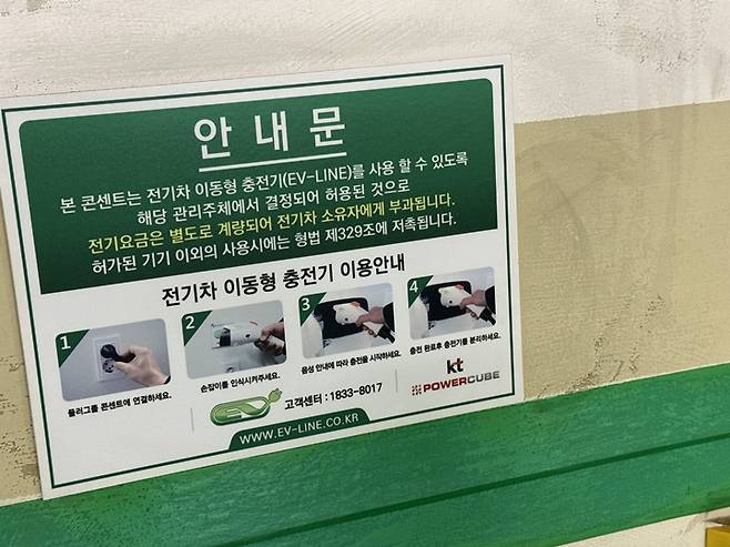 지하 주차장 내 마련된 전기차 충전용 콘센트