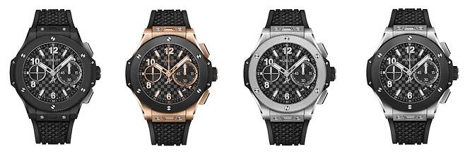 빅뱅 오리지널 유니코 컬렉션의 모든 라인업. 왼쪽부터 블랙 매직, 킹 골드 티타늄, 티타늄, 티타늄 세라믹 모델이다. 기능은 모두 같고 소재만 다르다. 사진 위블로
