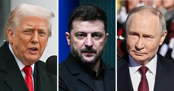 (왼쪽부터) 도널드 트럼프 미국 대통령과 볼로디미르 젤렌스키 우크라이나 대통령, 블라디미르 푸틴 러시아 대통령. AFP·AP=연합뉴스