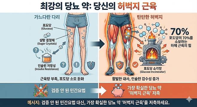 포도당의 70%를 소모하는 하체 근육의 힘. 제미나이 생성 그래픽