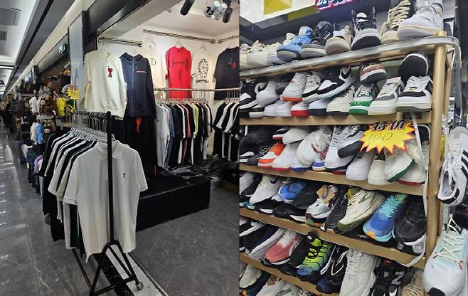 지난 8일 찾은 중국 남부 광저우 짠시루 한 쇼핑몰 매장에 의류와 신발들이 전시돼있다. (사진=이데일리 이명철 특파원)