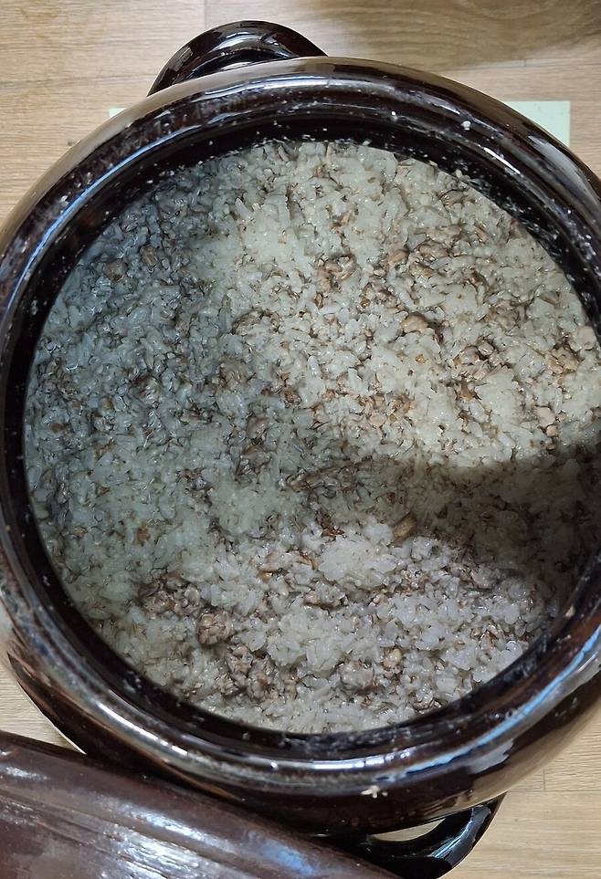 누룩과 버무린 쌀밥을 단지에 넣었다.