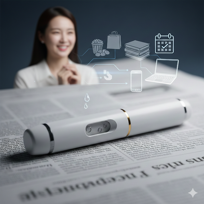 신문 지면 위에 놓인 세련된 디자인의 자가 주사 펜과 그 위로 떠오른 디지털 뇌 이미지를 통해, 대사 질환 치료제가 신경과학적으로 뇌의 보상 회로에 미치는 영향을 시각화했다. 제미나이 AI 생성 이미지