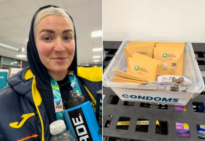 2800명의 선수가 참가한 2026 밀라노·코르티나담페초 동계올림픽에서 선수촌에 배포한 콘돔 1만개가 모두 소진돼 재입고가 진행 중이라고 14일(현지시간) 주최 측이 밝혔다. 사진은 스페인 피겨스케이팅 아이스댄스 국가대표 올리비아 스마트가 선수촌에 비치된 콘돔 박스를 보여주는 모습. 올리비아 스마트 틱톡 캡처