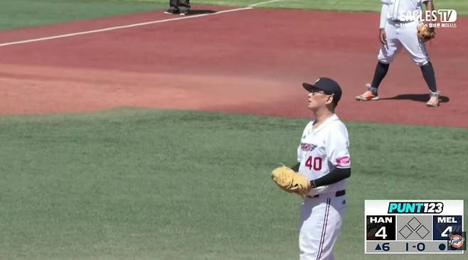 ▲ 허민 전 키움 히어로즈 의장이 한화 이글스와의 연습경기에 구원투수로 등판했다. ⓒ한화 유튜브 이글스TV 캡쳐