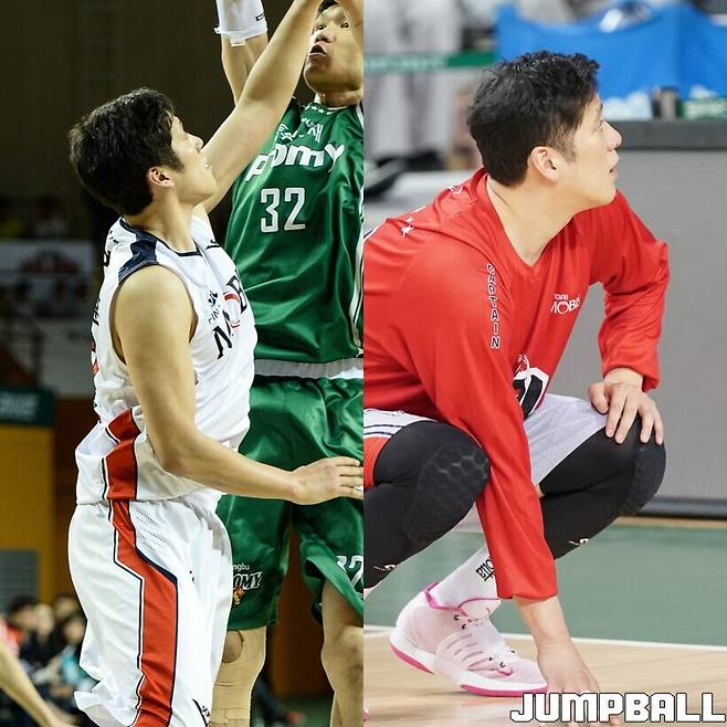 ▲2014-2015시즌, 김주성(현 DB 감독)을 원주에서 수비하던 함지훈(왼쪽), 2025-2026시즌, 은퇴 투어를 하러 원주를 방문한 함지훈(오른쪽)