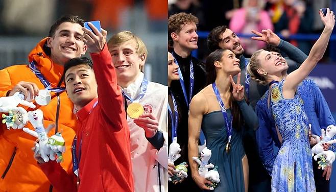 2026 밀라노코르티나담페초 동계올림픽에 참가한 각국 선수들이 '빅토리 셀피'를 촬영하고 있다. / 사진=로이터, 연합뉴스