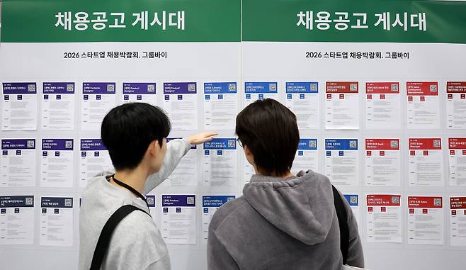 지난달 서울 강남구 코엑스에서 열린 ‘2026 스타트업 채용박람회’를 찾은 구직자들이 채용공고 게시대를 살펴보고 있다. /뉴스1
