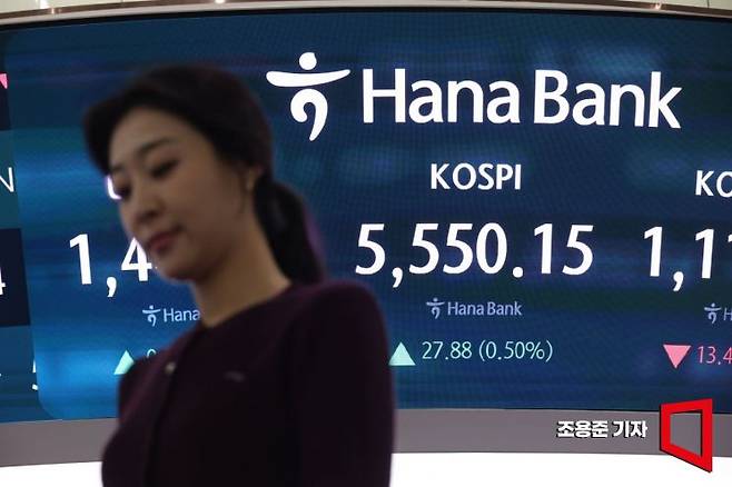 코스피가 장중 5,550선을 돌파 후 보합권을 유지하고 있는 13일 서울 하나은행 본점 딜링룸에서 직원이 증시와 환율 등을 모니터하고 있다.
