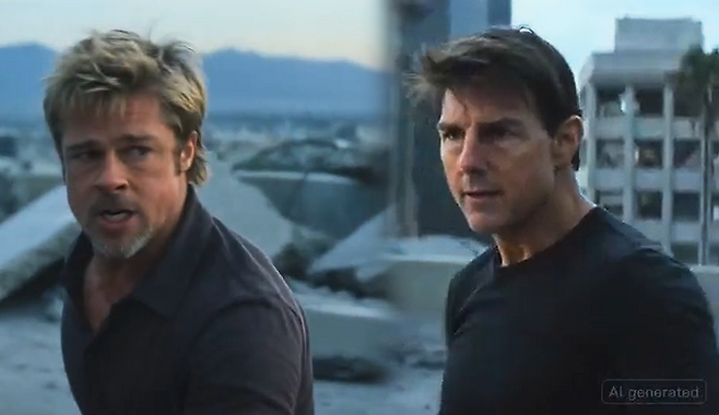 영화감독 루어리 로빈슨이 ‘시댄스 2.0’으로 제작해 X에 공개한 영상 장면. 톰 크루즈와 브래드 피트를 닮은 인물들이 건물 옥상에서 격투를 벌이는 모습이 15초 분량으로 구현됐다.