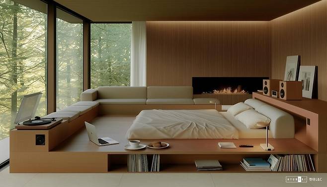 나무 색상 소재와 아이보리 색상 트렌드가 적용된 침실. 현대L&C