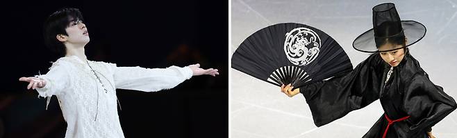 차준환(왼쪽)과 이해인이 22일 이탈리아 밀라노 아이스스케이팅 아레나에서 열린 2026 밀라노·코르티나담페초 동계올림픽 피겨스케이팅 갈라쇼에서 연기를 펼치고 있다. 밀라노 | 연합뉴스