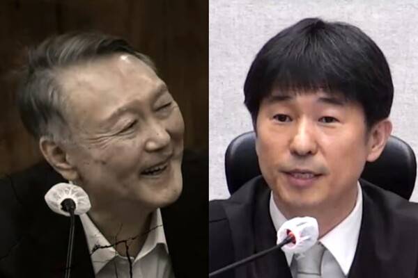 내란 우두머리 법정에서의 윤석열 전 대통령과 지귀연 서울중앙지법 형사합의25부 부장판사