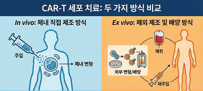 CAR-T 세포를 체내에서 직접 만드는 방식을 설명한 인포그래픽. 세포를 채취해 몸 밖에서 만든 뒤 다시 환자 몸에 주입하던 기존 방식과 구별된다./노트북 LM 활용