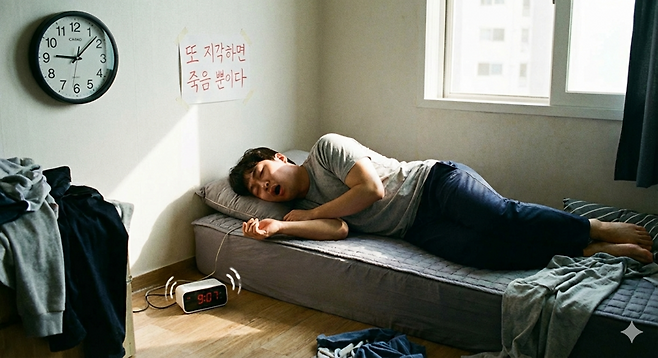 오전 9시 7분을 가리키는 시계와 요란하게 울리는 알람에도 깊은 잠에 빠져 있는 직장인의 모습. 머리맡에는 '또 지각하면 죽음 뿐이다'라는 절박한 메모가 붙어 있다. 기사의 이해를 돕기 위한 '생성형 AI 이미지'