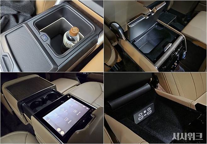 랜드로버 레인지로버 LWB P530 오토바이오그래피 5인승 모델 주요 수납공간. 1열 암레스트 내부 콘솔박스는 냉장기능을 지원하며, 500㎖의 음료 페트병도 세워서 보관이 가능하다. 2열 암레스트 수납공간에는 C타입 및 HDMI 잭이 설치돼 있어 태블릿이나 노트북 충전부터 영상을 1열 뒤에 설치된 모니터를 통해 송출할 수도 있다. / 제갈민 기자