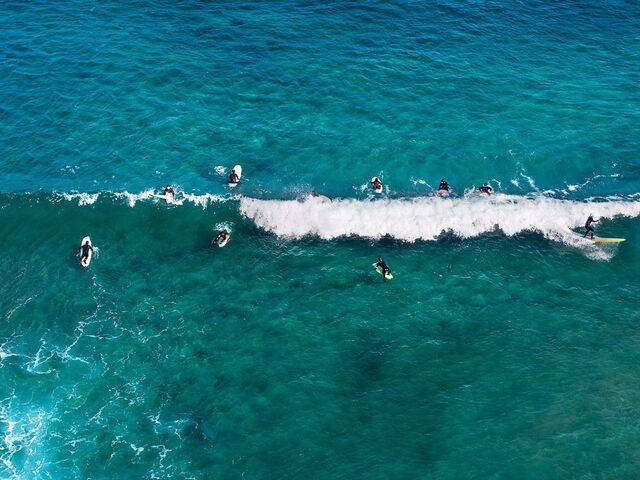 죽도 앞바다에서 파도를 기다리는 서퍼.