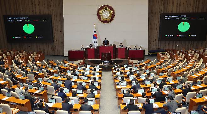 26일 국회에서 열린 2월 임시국회 본회의에서 '법왜곡죄'를 담은 형법 개정안을 국민의힘 의원들의 불참 속에 통과되고 있다. 연합뉴스
