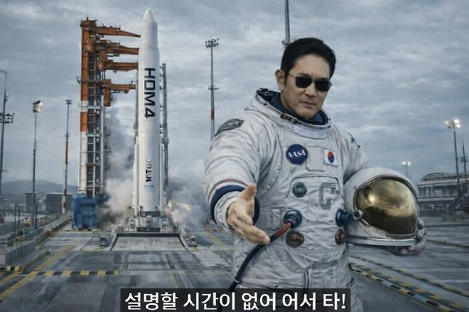 삼성전자 주가가 사상 처음으로 21만원을 넘어선 26일 온라인 커뮤니티에 이 회장이 우주복을 입고 우주선을 타며 “어서 타”라고 손짓하는 가상의 이미지가 확산하고 있다. 자료 : 온라인 커뮤니티
