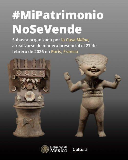 유물 경매 중단을 촉구하는 멕시코 정부의 게시물. 클라우디아 쿠리엘 멕시코 문화부 장관 X