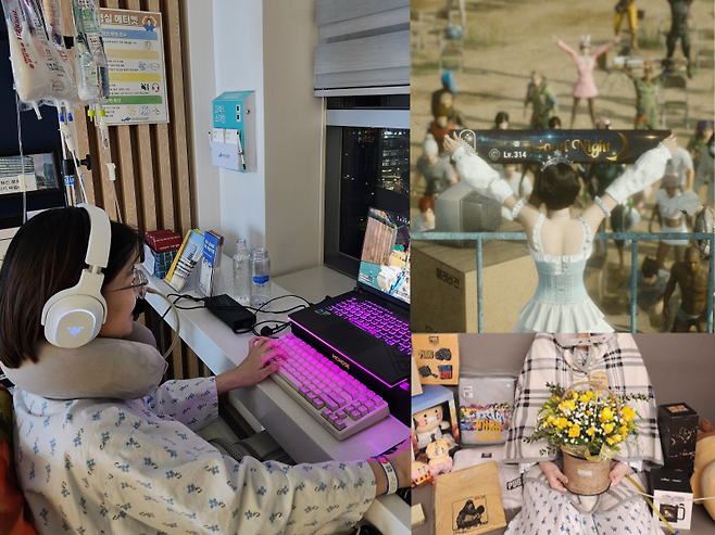 (왼쪽부터 시계방향) 병실에서 링거를 맞으며 99명의 배그 유저들과 게임을 즐기고 있는 A씨 아내의 모습. 게임이 끝난 후 단상 위에 올라가 'Good Night'이라고 적힌 현수막을 들어올리며 감사를 전하는 A씨 아내(의 게임 캐릭터). 카카오게임즈로부터 받은 선물에 둘러싸여 행복해하는 A씨 아내. /사진=배틀그라운드 공식 카페