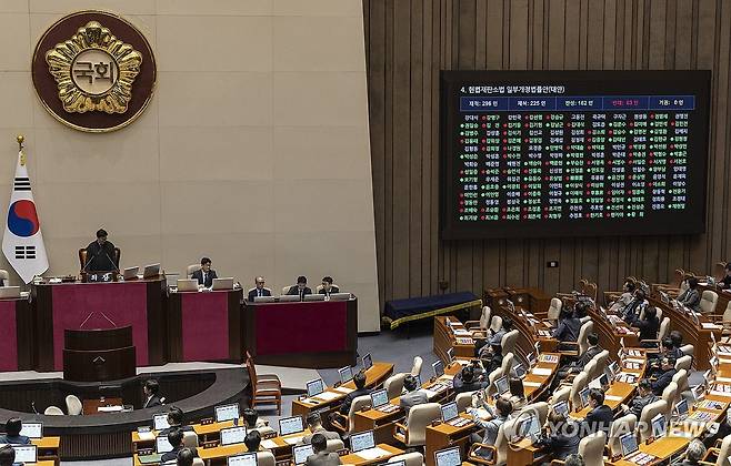 '재판소원제' 법안 국민의힘은 반대 (서울=연합뉴스) 황광모 기자 = 27일 국회에서 열린 2월 임시국회 8차 본회의에서 전날 상정된 헌법재판소법 일부개정법률안(재판소원제)이 여당 주도로 통과되고 있다.
국민의힘은 본회의에 참석해 이 법안에 반대표를 던졌다. 2026.2.27 hkmpooh@yna.co.kr