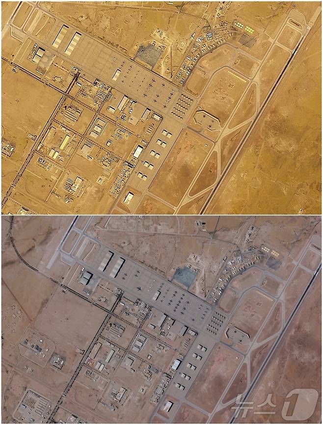 지난 17일(위쪽)과 21일(아래쪽) 촬영된 사우디아라비아 프린스 술탄 공군 기지의 위성사진. 사진은 플래닛랩스 PBC 제공. 2026.02.28 ⓒ 로이터=뉴스1