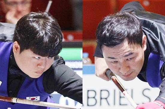 (왼쪽부터) 조명우 최완영으로 이뤄진 한국당구대표팀이 28일 새벽(한국시간)독일 비어슨에서 열린 제38회 세계3쿠션팀선수권 D조 예선 마지막날 이집트와 무승부를 거두며 2무1패(승점2)로 8강 진출에 실패했다. (사진=SOOP)