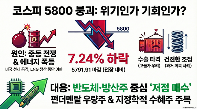 코스피가 중동발 지정학적 리스크라는 대형 악재를 만나며 역대급 폭락장을 연출했다. '꿈의 지수'로 불리던 6000선을 허무하게 내주며 투자 심리도 극심한 공포에 휩싸인 모습이다.(구글 노트북 LM)