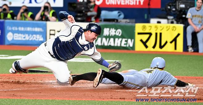 2일 일본 오사카 교세라돔에서 열린 WBC(월드베이스볼클래식) 한국 대표팀과 한신 타이거즈의 경기, 8회말 1사 2,3루 한신 나카가와의 3루 땅볼때 3루주자 구마가이가 홈에서 태그아웃되고 있다. 한국 포수는 김형준. 오사카(일본)=허상욱 기자wook@sportschosun.com/2026.03.02/