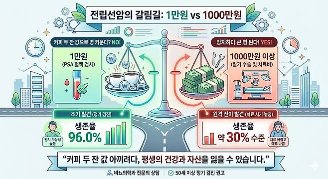 전립선암의 갈림길: 1만원 vs 1000만원. 제미나이 생성 그래픽