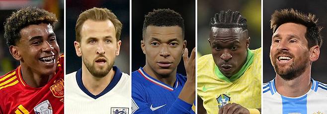 스페인 야말, 잉글랜드 케인, 프랑스 음바페, 브라질 비니시우스, 아르헨티나 메시(왼쪽부터)