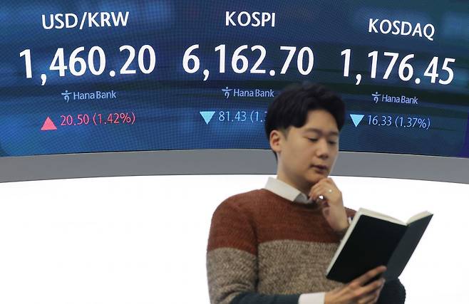 일 서울 중구 하나은행 본점 딜링룸 현황판에 코스피, 코스닥, 원/달러 환율이 표시돼 있다. 연합뉴스