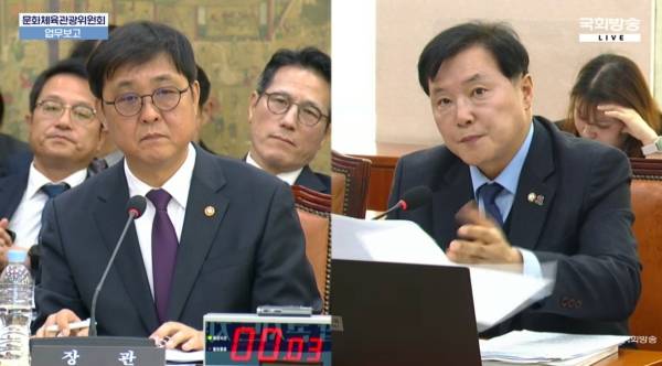 ▲4일 국회 문화체육관광위원회 전체회의에 참석한 최휘영 문체부 장관(왼쪽)과 그에게 질의 중인 조계원 더불어민주당 의원. 사진=국회방송 유튜브 생중계 갈무리