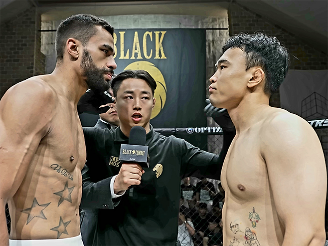 2025년 7월 경기도 오산시 블랙컴뱃 챔피언스리그 시즌2 12주차 웰터급 경기 시작 전 제29회 코파 프라임 1차 대회 블랙벨트 은메달리스트 ‘너드’ 산데르 호드리게스 다시우바와 제41회 전국대학레슬링선수권 자유형 MVP ‘박조교’ 박지환이 마주 보고 있다. 사진=이데아 파라곤