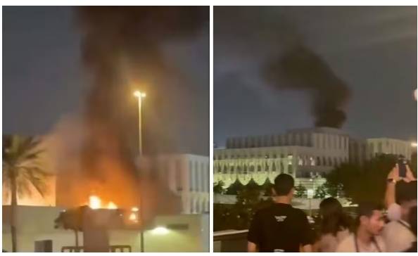 3일(현지시간) 아랍에미리트(UAE) 두바이 내 미국 영사관 인근 주차장에서 드론 공격으로 인한 화재가 발생했다. 이란 국영 방송은 이란 드론이 두바이 주재 미국 영사관을 공격했다고 보도했다. 엑스 캡처