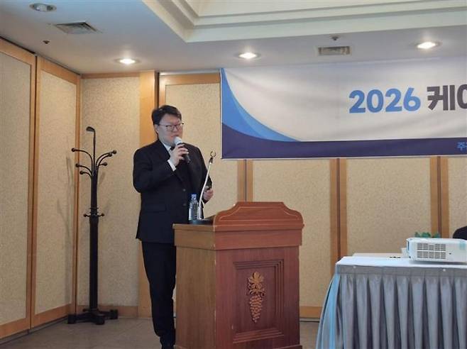 윤승욱 케이피항공산업 대표는 6일 오전 서울 여의도에서 열린 '케이피항공산업-NH스팩30호 상장 간담회'에서 발언하고 있다. 케이피항공산업