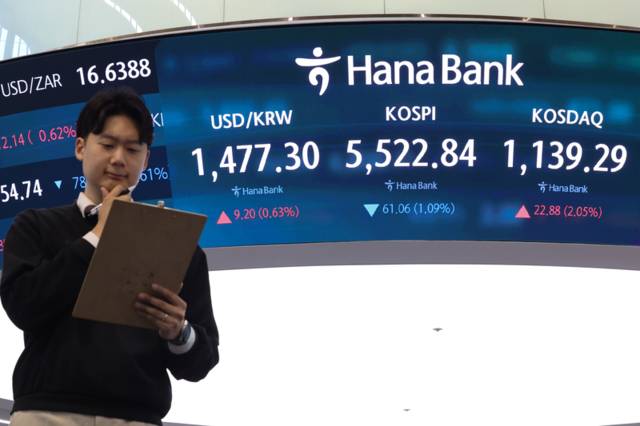 ▲ 6일 서울 중구 하나은행 본점 딜링룸 현황판에 원/달러 환율, 코스피, 코스닥 지수가 표시돼 있다. 이날 코스피는 전 거래일 대비 92.88p(1.66%) 내린 5,491.02으로, 코스닥 지수는 전장보다 1.08p(0.10%) 오른 1,117.49로 출발했다. 원/달러 환율은 전날보다 10.9원 오른 1,479.0원에 개장했다. 2026.3.6 연합뉴스