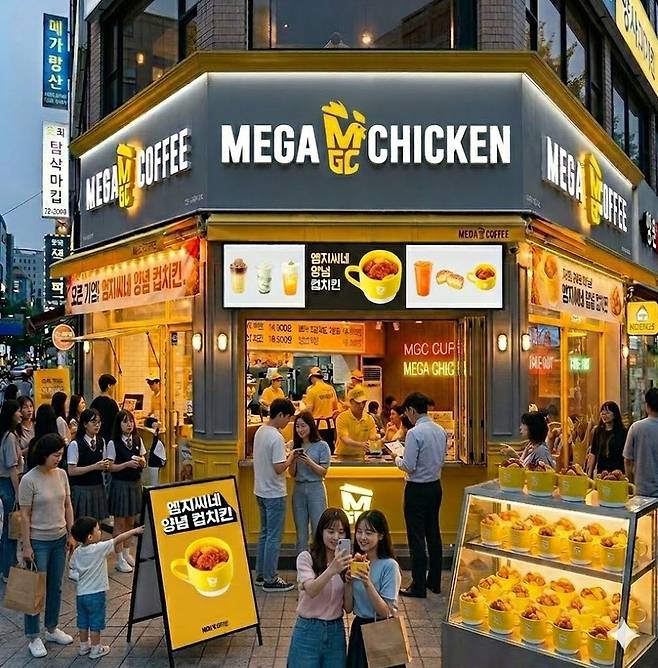 메가MGC커피는 지난달 25일 ‘엠지씨네 양념 컵치킨’을 선출시했다. 구글 생성형 인공지능(AI) ‘제미나이’로 생성한 이미지·메가MGC커피 제공