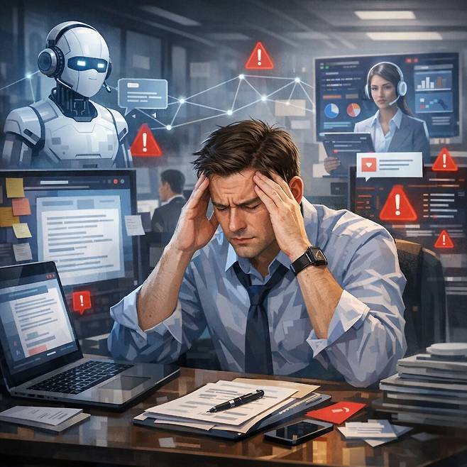 인공지능(AI) 도입으로 인해 오히려 스트레스가 늘어난 직장인 일러스트. /달리 3 AI 생성