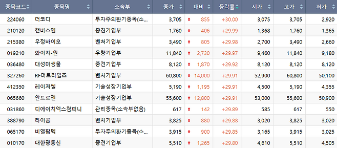 10일 코스닥 시장 상한가 종목.(출처=한국거래소)