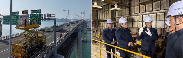 부산시설공단(왼쪽)과 부산환경공단이 봄맞이 환경정비와 해빙기 안전점검을 하고 있다.