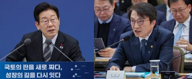 지난해 12월 12일 국토교통부 업무보고에서 김의겸 전 새만금개발청장이 이재명 대통령에게 업무보고를 하고 있다./연합뉴스