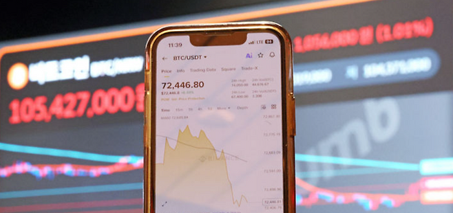 5일 서울 강남구 빗썸라운지 전광판에 비트코인 시세가 표시되고 있다. ⓒ뉴시스