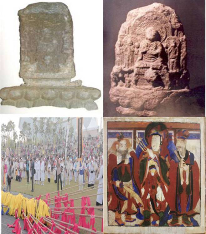 사진 위 왼쪽부터 시계 방향으로 연화사의 불상부대좌와 칠존석불상, 학림사 신중도, 용암 강다리기 모습. 사진/연서면 제공