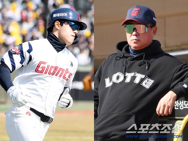14일 부산 사직야구장에서 열린 KBO리그 롯데 자이언츠와 LG 트윈스의 시범경기. 3회말 2사 2루 롯데 한태양이 비거리 130m 투런포를 날리며 김태형 감독에게 눈도장을 찍었다. 부산=박재만 기자