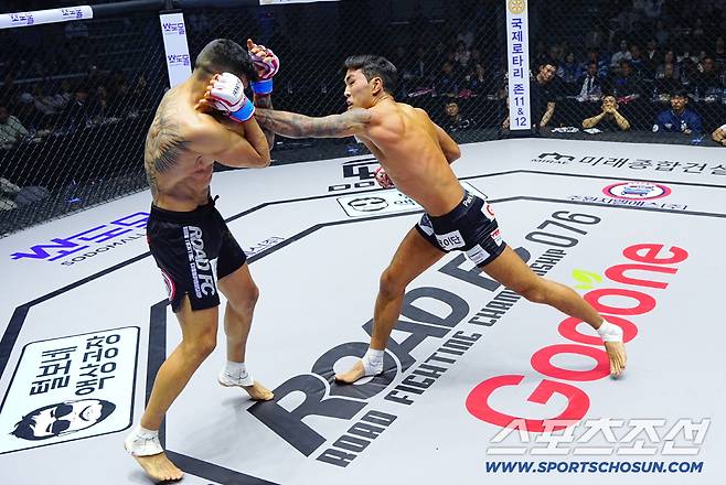 박시원이 페레이라에게 펀치를 날리고 있다. 사진제공=로드FC